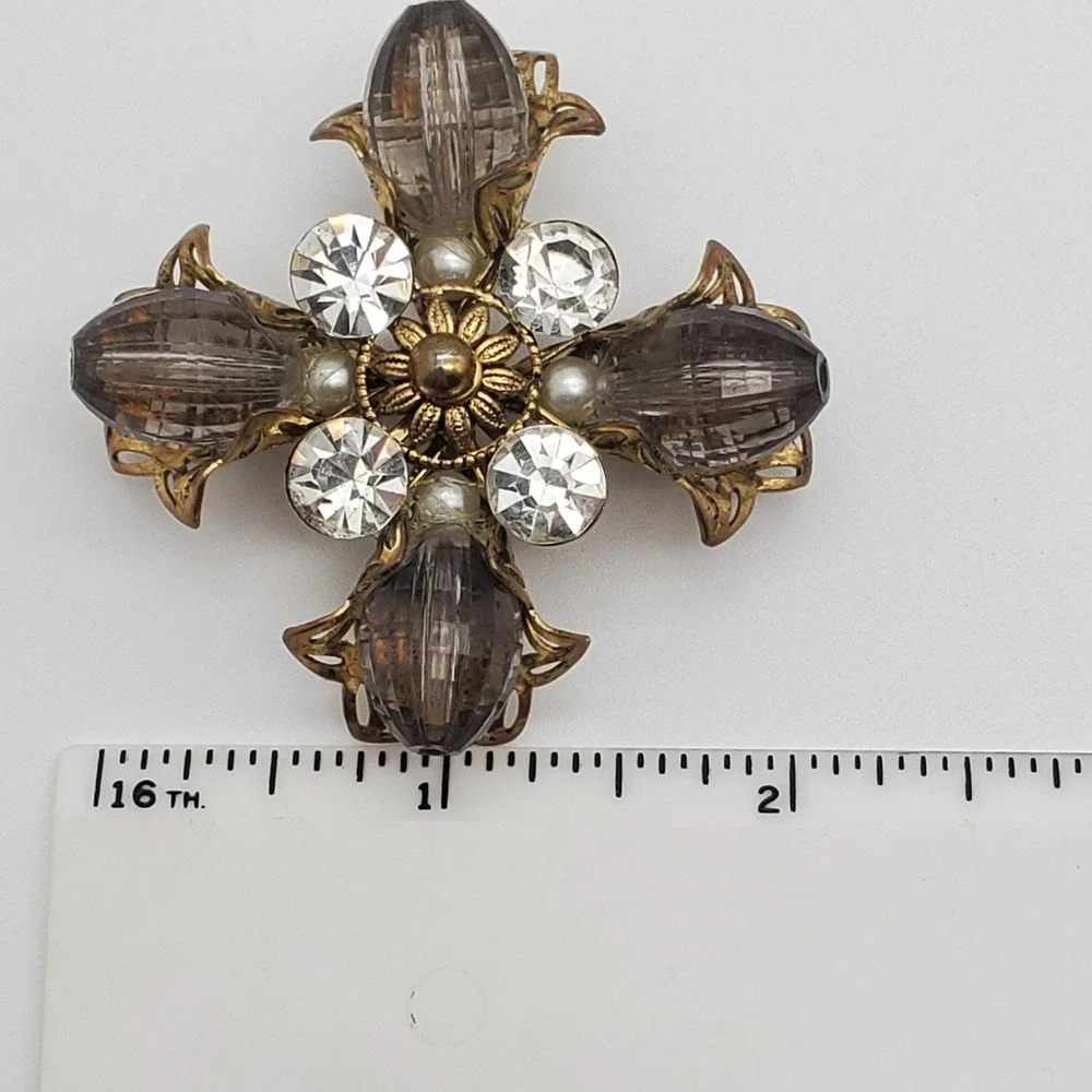 Maltese Cross Brooch Smoke Acrylic Gothic Revival Pin Gold Tone Rhinestones Vtg